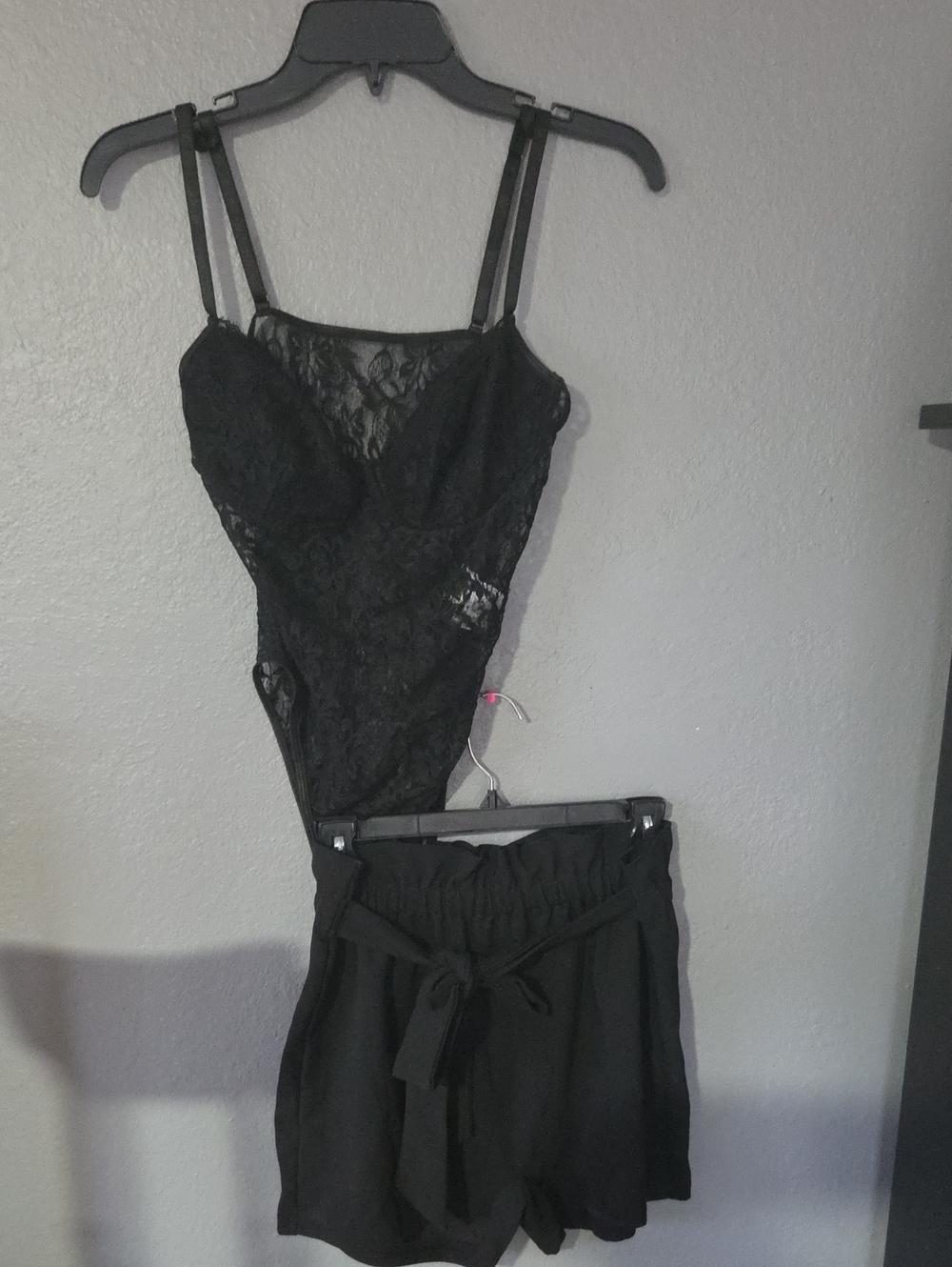 SHEIN Black Lace Bodysuit with Black Drawstring Shorts Set
